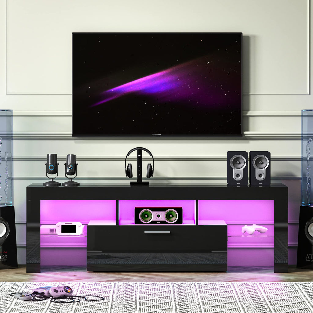 Entrintou Modern LED TV Stand for 32/40/50/55 inch TV, High Glossy Entertainment Center with LED Lights, Gaming Television Stands with Large Storage, Black Wood TV Console for Living Room, Bedroom