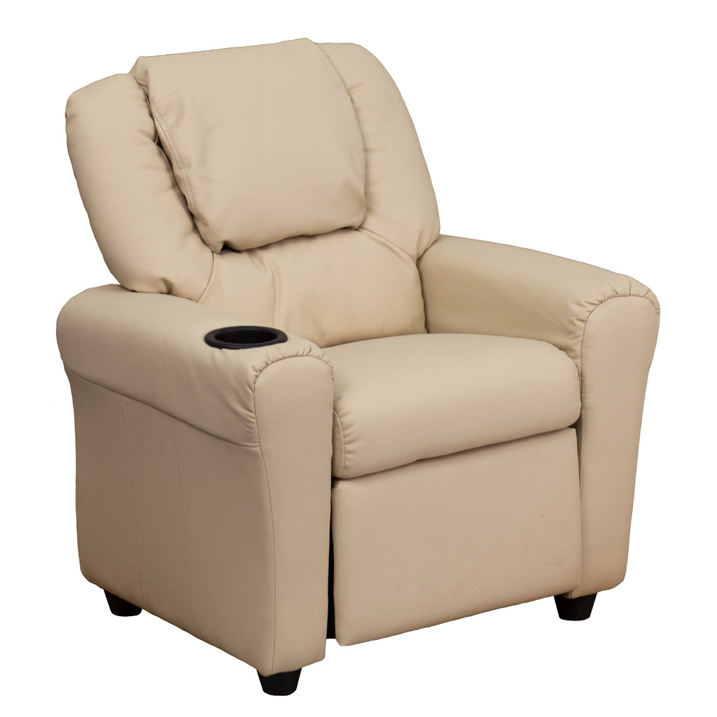 EMMA   OLIVER Beige Vinyl Kids Recliner with Cup Holder and Headrest