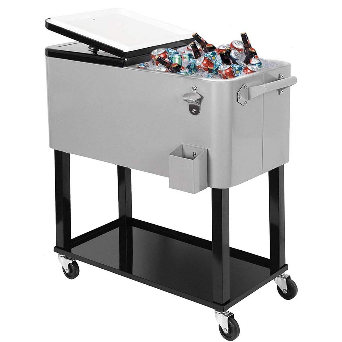 80 Quart Qt Rolling Cooler Ice Chest for Outdoor Patio Deck Party, Grey, Portable Party Bar Cold Drink Beverage Cart Tub, Backyard Cooler Trolley on Wheels with Shelf, Stand, &amp; bottle opener