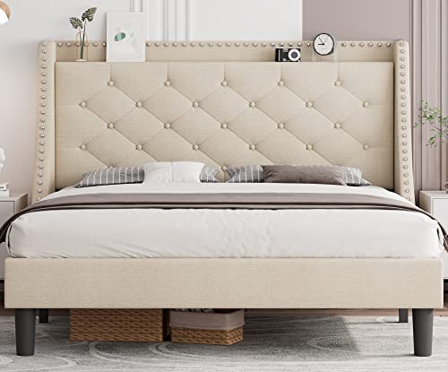 iPormis Full Bed Frame with 16" Deluxe Wingback &amp; USB &amp; Type-C Ports, Upholstered Platform Beds with Button Tufted Storage Headboard, Solid Wood Slats Support, No Box Spring Needed, Beige