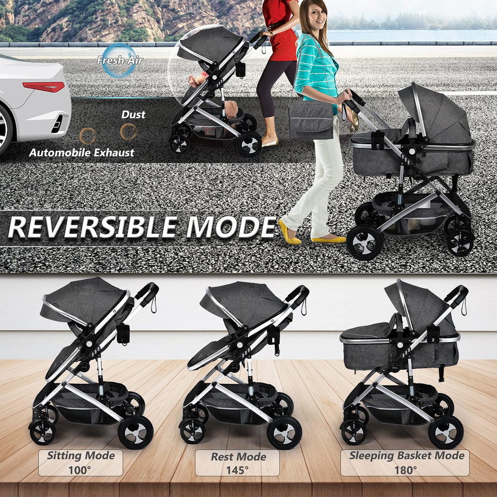 Kinder King 2 in 1 Convertible Baby Stroller, Folding High Landscape Infant Carriage, Newborn Reversible Bassinet Pram, Adjustable Canopy, Diaper Bag, Anti-Shock Toddler Pushchair Dark Grey