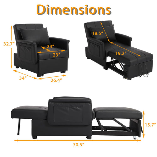 BINGTOO Sleeper Sofa Chair Bed 3 in 1 Convertible Multi-Function Folding Ottoman Sleeper, Pull Out Bed- Modern Couch for Living Room Black,ITSUKI108,26.4*40.9*16.5
