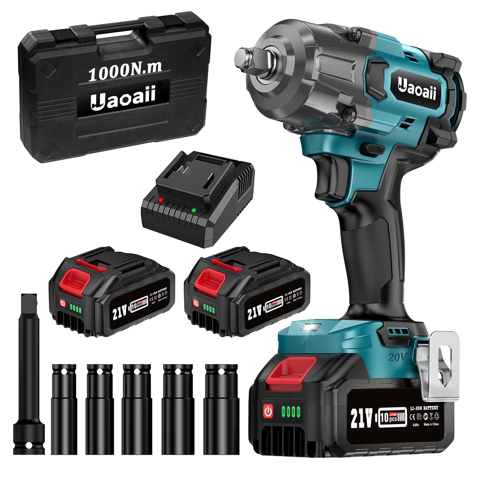 Uaoaii 1000Nm High-Torque 1/2-Inch Cordless Impact Wrench Kit
