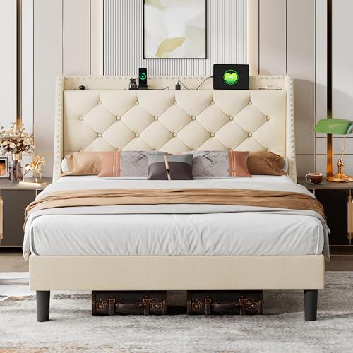 iPormis Full Bed Frame with 16" Deluxe Wingback &amp; USB &amp; Type-C Ports, Upholstered Platform Beds with Button Tufted Storage Headboard, Solid Wood Slats Support, No Box Spring Needed, Beige