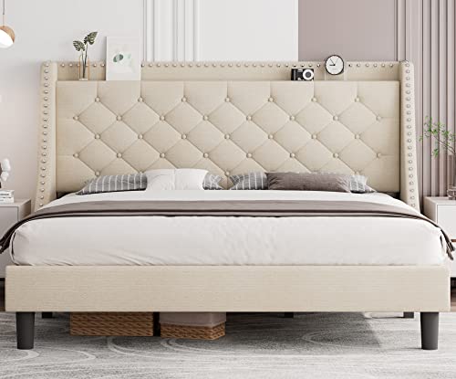 iPormis Full Bed Frame with 16" Deluxe Wingback &amp; USB &amp; Type-C Ports, Upholstered Platform Beds with Button Tufted Storage Headboard, Solid Wood Slats Support, No Box Spring Needed, Beige