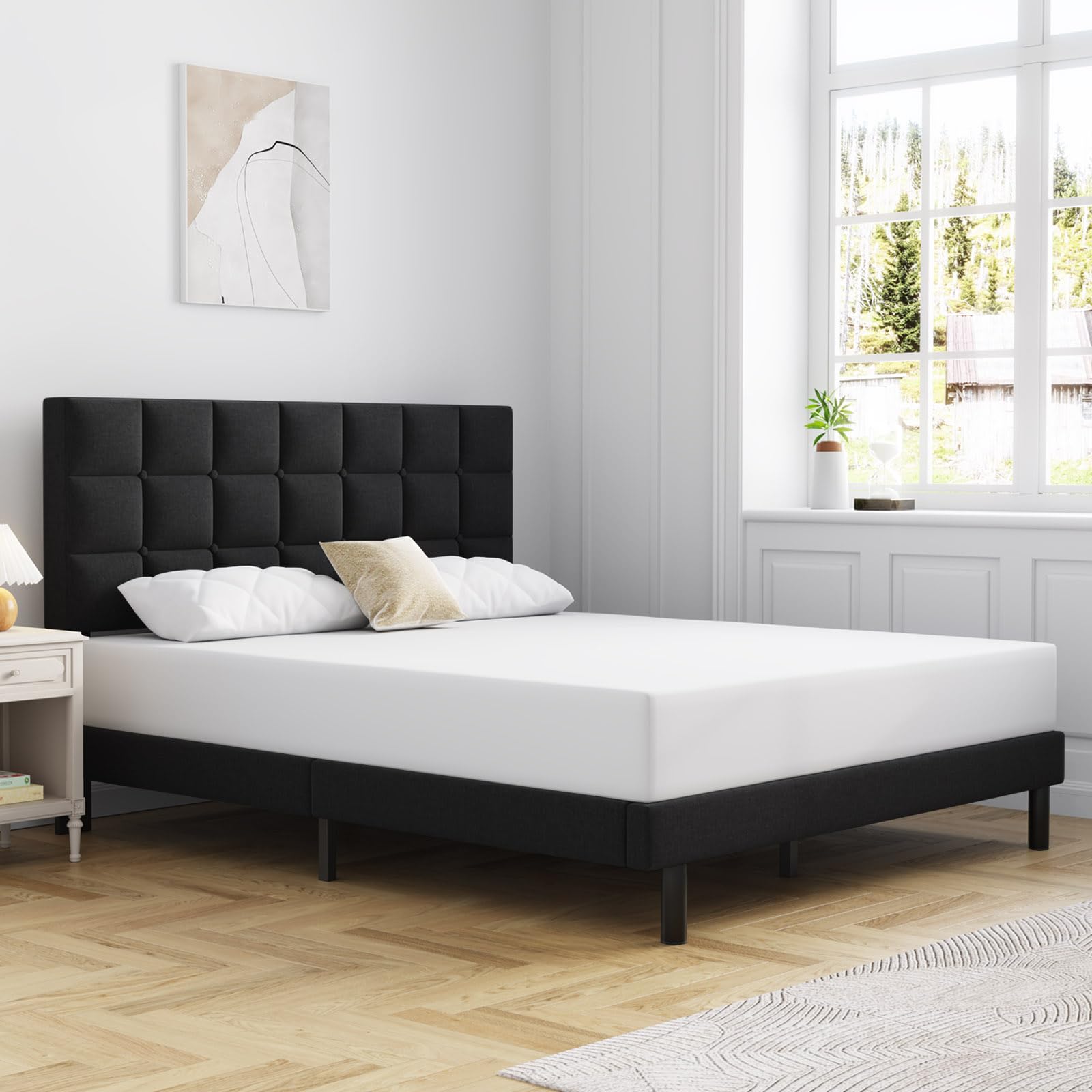 Molblly Full Bed Frame Upholstered Platform with Headboard and Strong Wooden Slats, Non-Slip and Noise-Free,No Box Spring Needed, Easy Assembly,Black