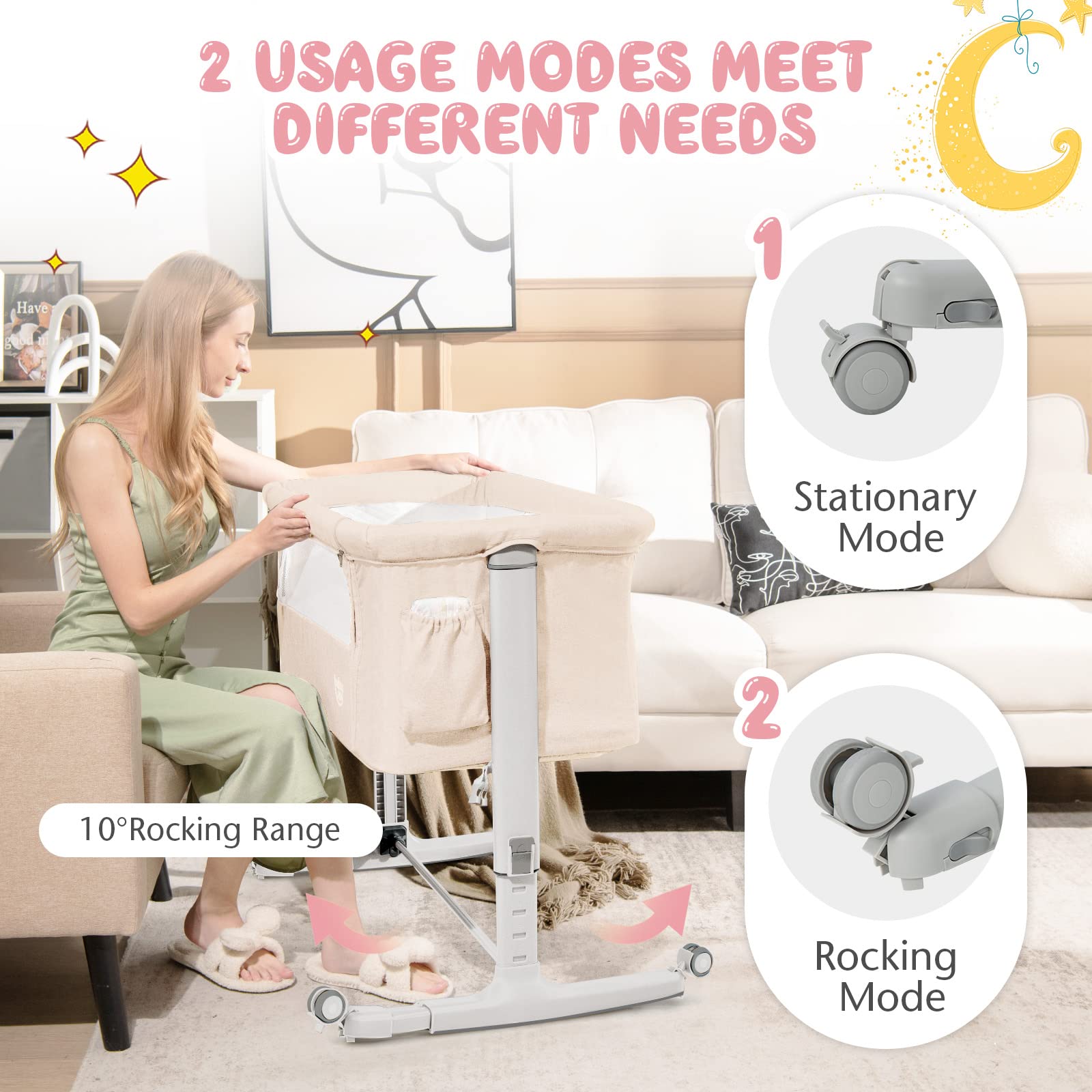 BABY JOY 3-in-1 Folding Bedside Sleeper Crib, Beige