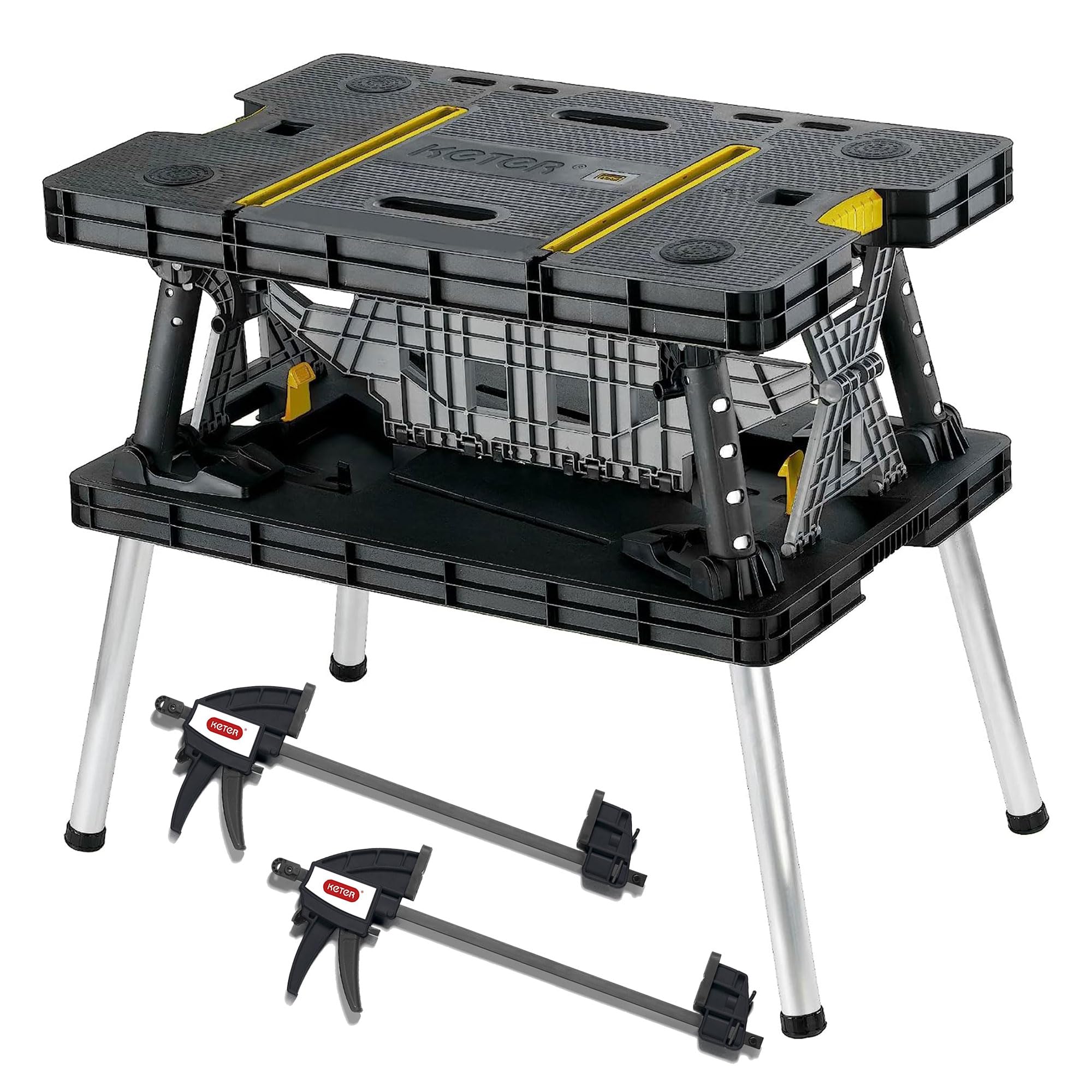 Keter Portable Folding Work Table Tool Storage Stand Workbench with 12 Inch Wood Clamps for Saws, Home Improvement, and Construction