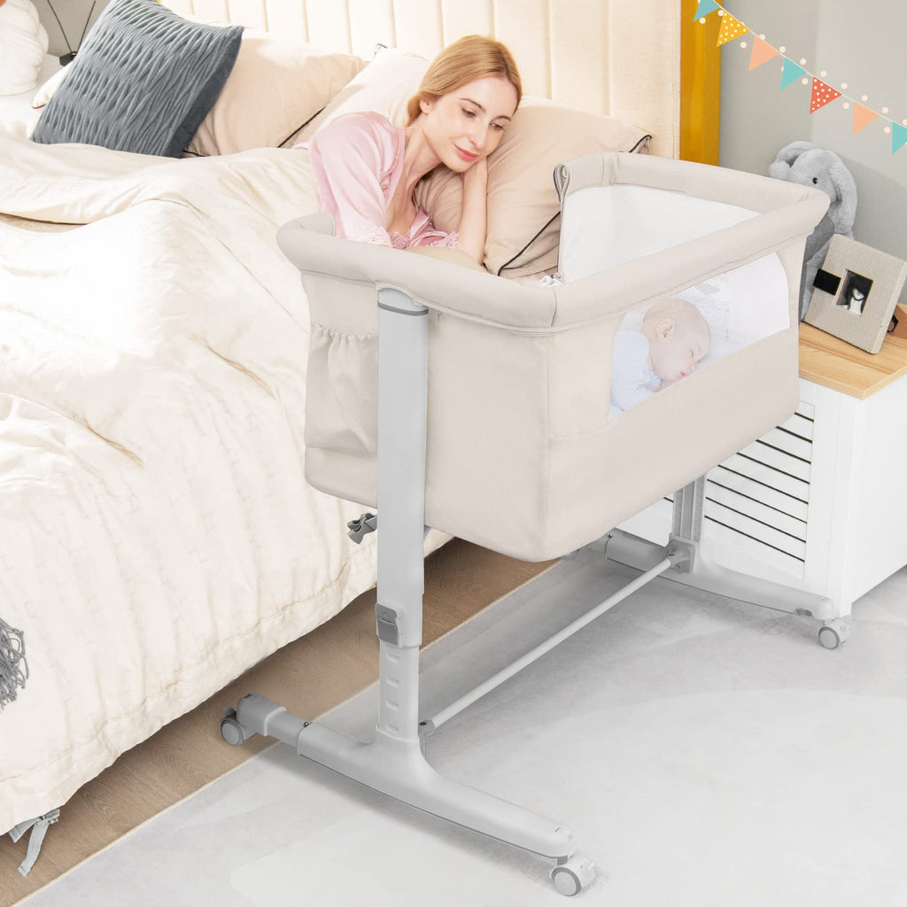 BABY JOY 3-in-1 Folding Bedside Sleeper Crib, Beige