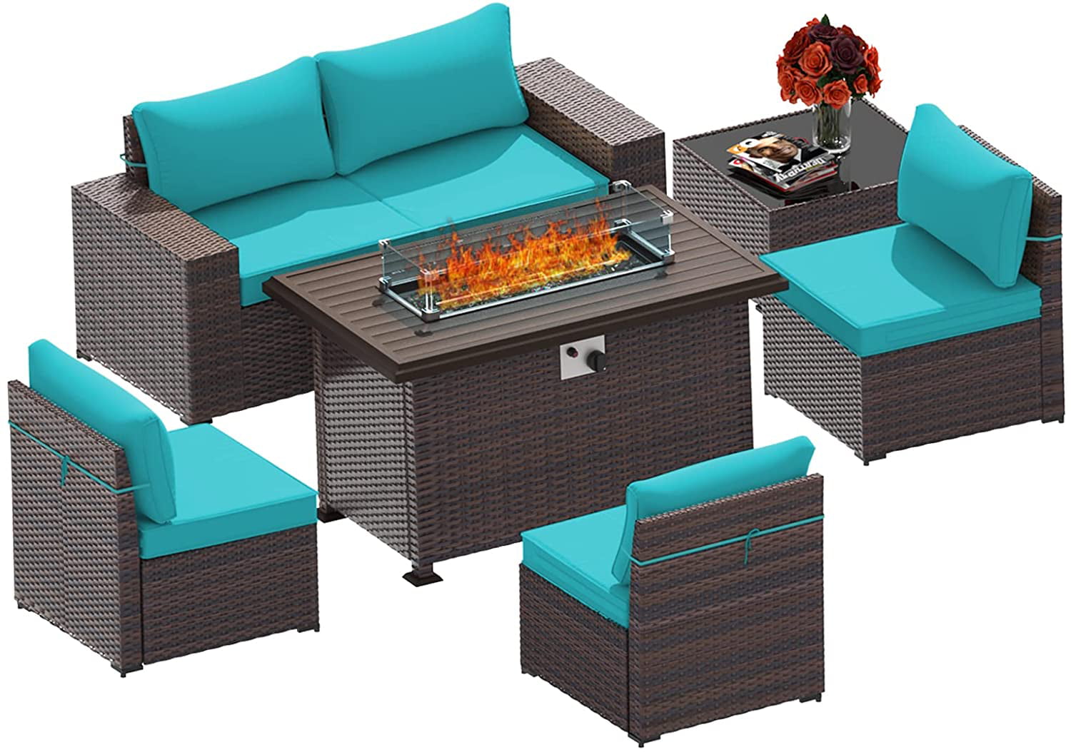 ALAULM Outdoor Patio Furniture Set with Propane Fire Pit Table, 7 Pieces Outdoor Furniture Patio Sectional Sofa Conversation Sets w/ETL Approved 43