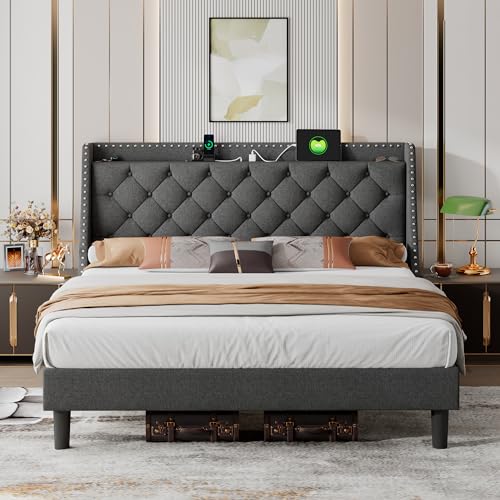 iPormis Full Bed Frame with 16" Deluxe Wingback &amp; USB &amp; Type-C Ports, Upholstered Platform Beds with Button Tufted Storage Headboard, Solid Wood Slats Support, No Box Spring Needed, Beige