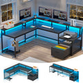 SEDETA L Shaped Gaming Desk, 66" Home Office Desk with File Drawer &amp; Power Outlet, Corner Gaming Computer Desk with Led Lights, Monitor Shelf and Printer Storage Shelves, Two Person Desk, Black