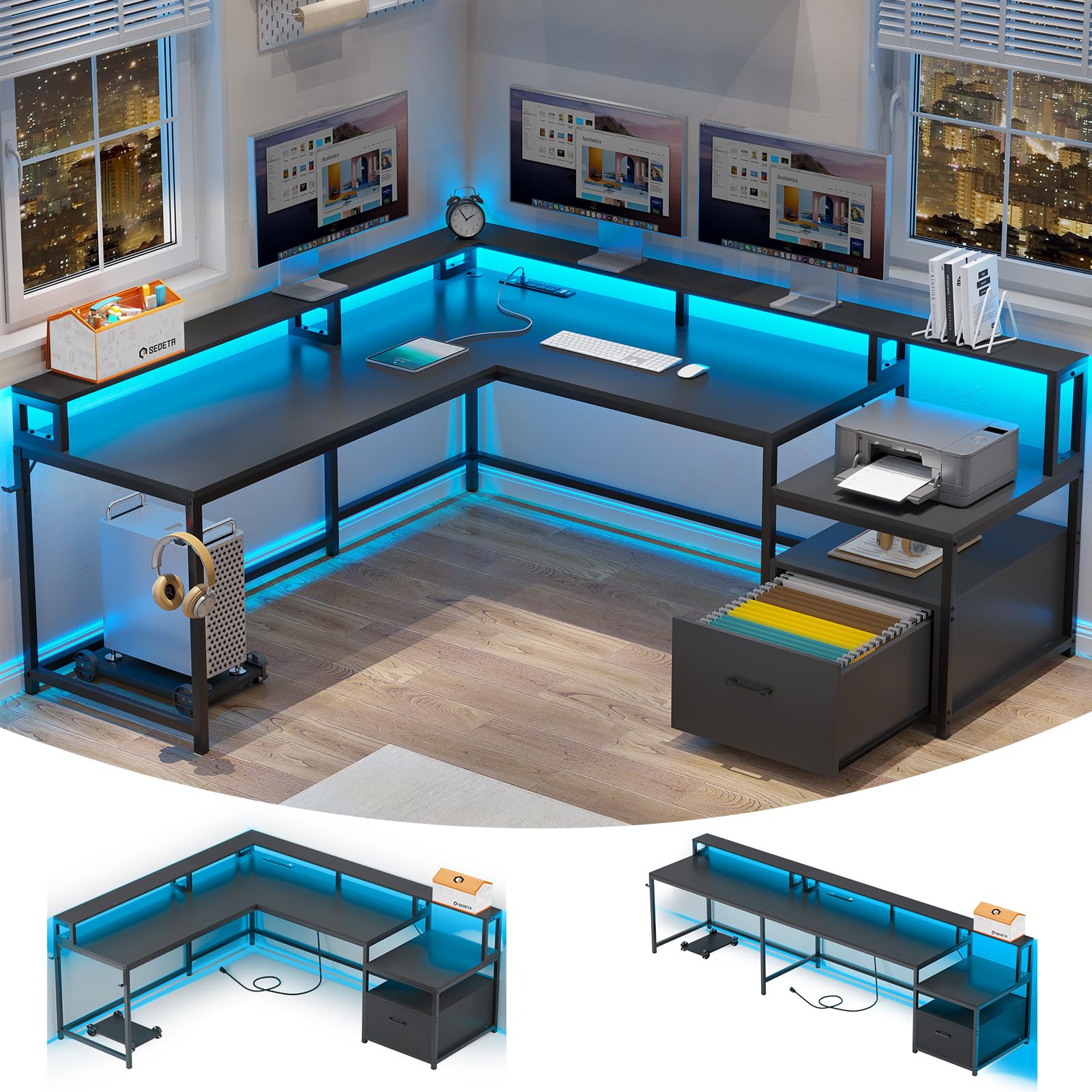 SEDETA L Shaped Gaming Desk, 66" Home Office Desk with File Drawer &amp; Power Outlet, Corner Gaming Computer Desk with Led Lights, Monitor Shelf and Printer Storage Shelves, Two Person Desk, Black