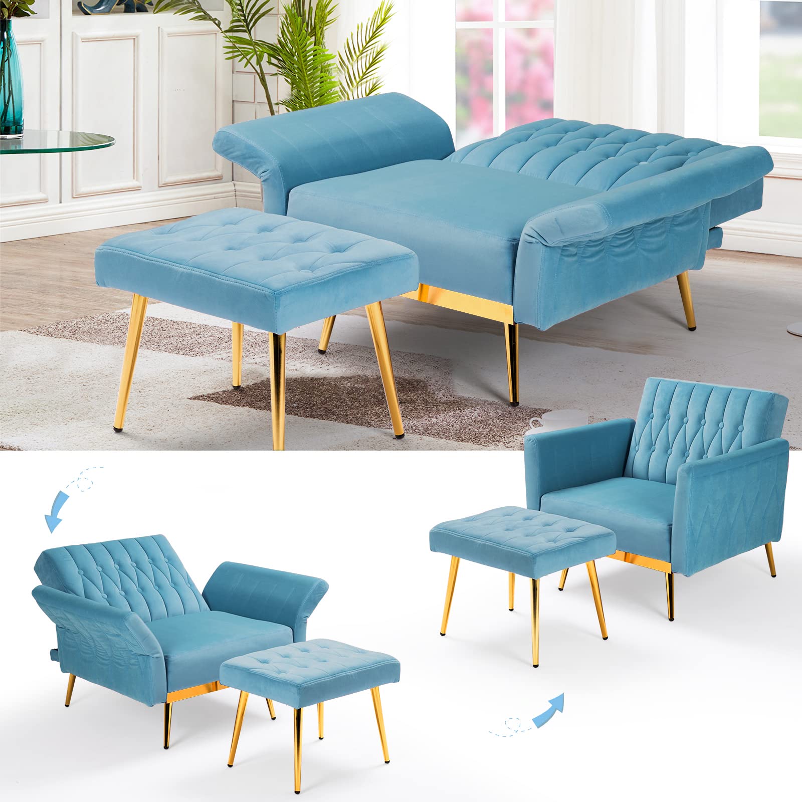 ACMEASE Velvet Accent Chair with Adjustable Backrest and Ottoman