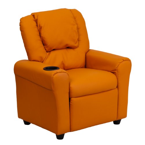 EMMA   OLIVER Beige Vinyl Kids Recliner with Cup Holder and Headrest