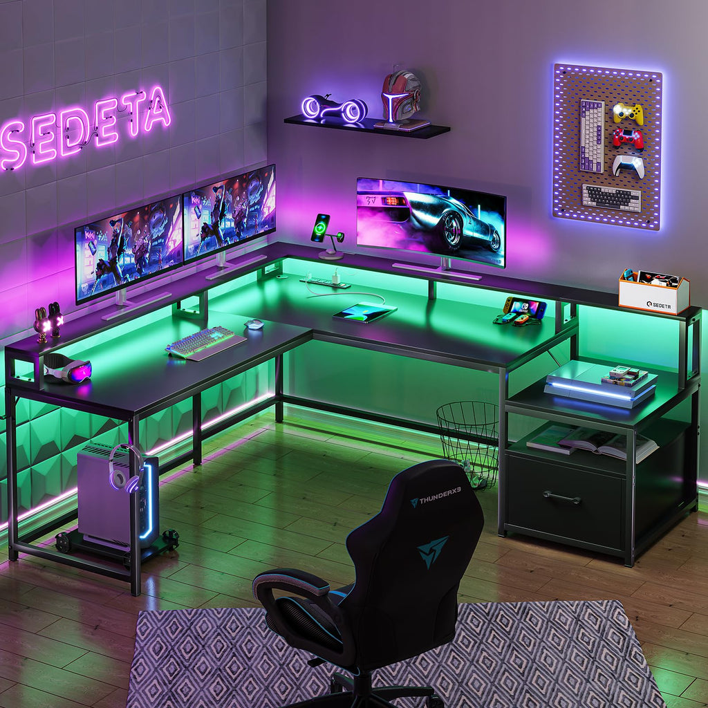 SEDETA L Shaped Gaming Desk, 66" Home Office Desk with File Drawer &amp; Power Outlet, Corner Gaming Computer Desk with Led Lights, Monitor Shelf and Printer Storage Shelves, Two Person Desk, Black