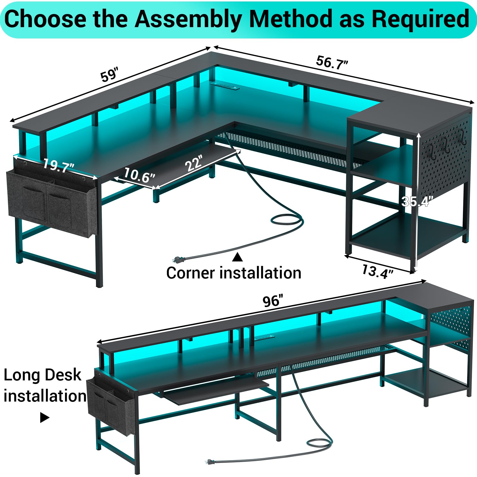 SEDETA L Shaped Gaming Desk, Reversible Computer Desk, Gaming Desk with Power Outlets &amp; LED Strip, Monitor Shelf, Keyboard Tray, Pegboard and Storage Shelves for Home Office, Black
