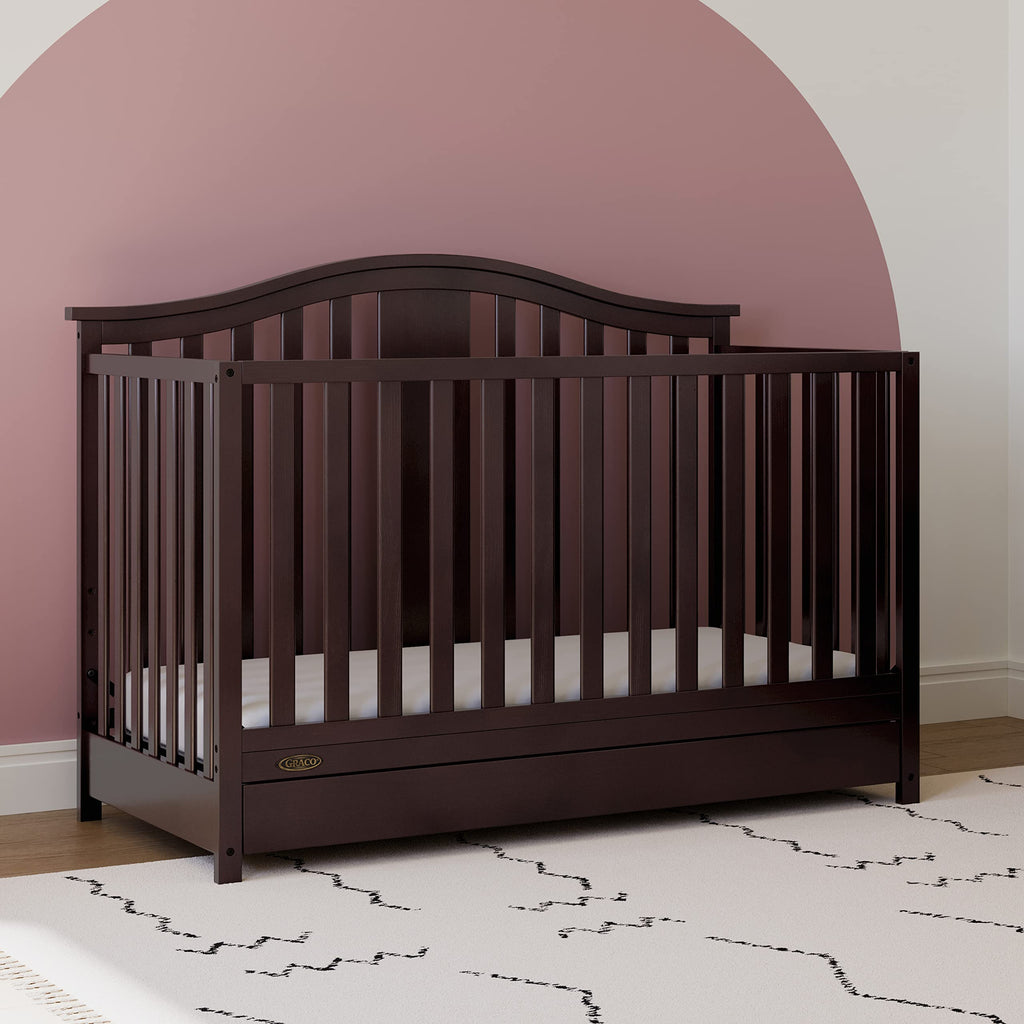 Graco Solano 4-in-1 Convertible Crib with Drawer (Espresso) u2013 GREENGUARD Gold Certified, Crib with Drawer Combo, Includes Full-Size Nursery Storage Drawer, Converts to Toddler Bed and Full-Size Bed