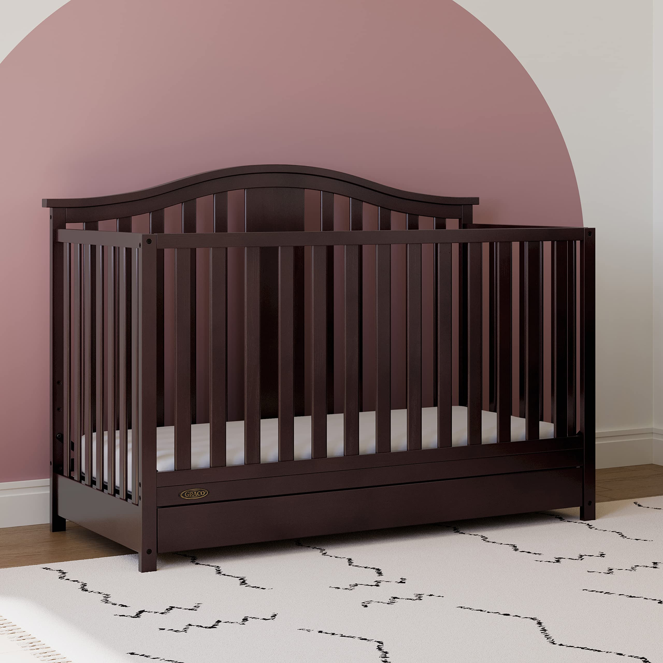 Graco Solano 4-in-1 Convertible Crib with Drawer (Espresso) u2013 GREENGUARD Gold Certified, Crib with Drawer Combo, Includes Full-Size Nursery Storage Drawer, Converts to Toddler Bed and Full-Size Bed