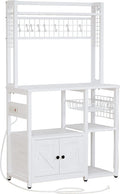 IRONCK Bakers Rack with Power Outlets, Microwave Stand Kitchen Shelf with Cabinet for Kitchen, Industrial White,Wood and Metal