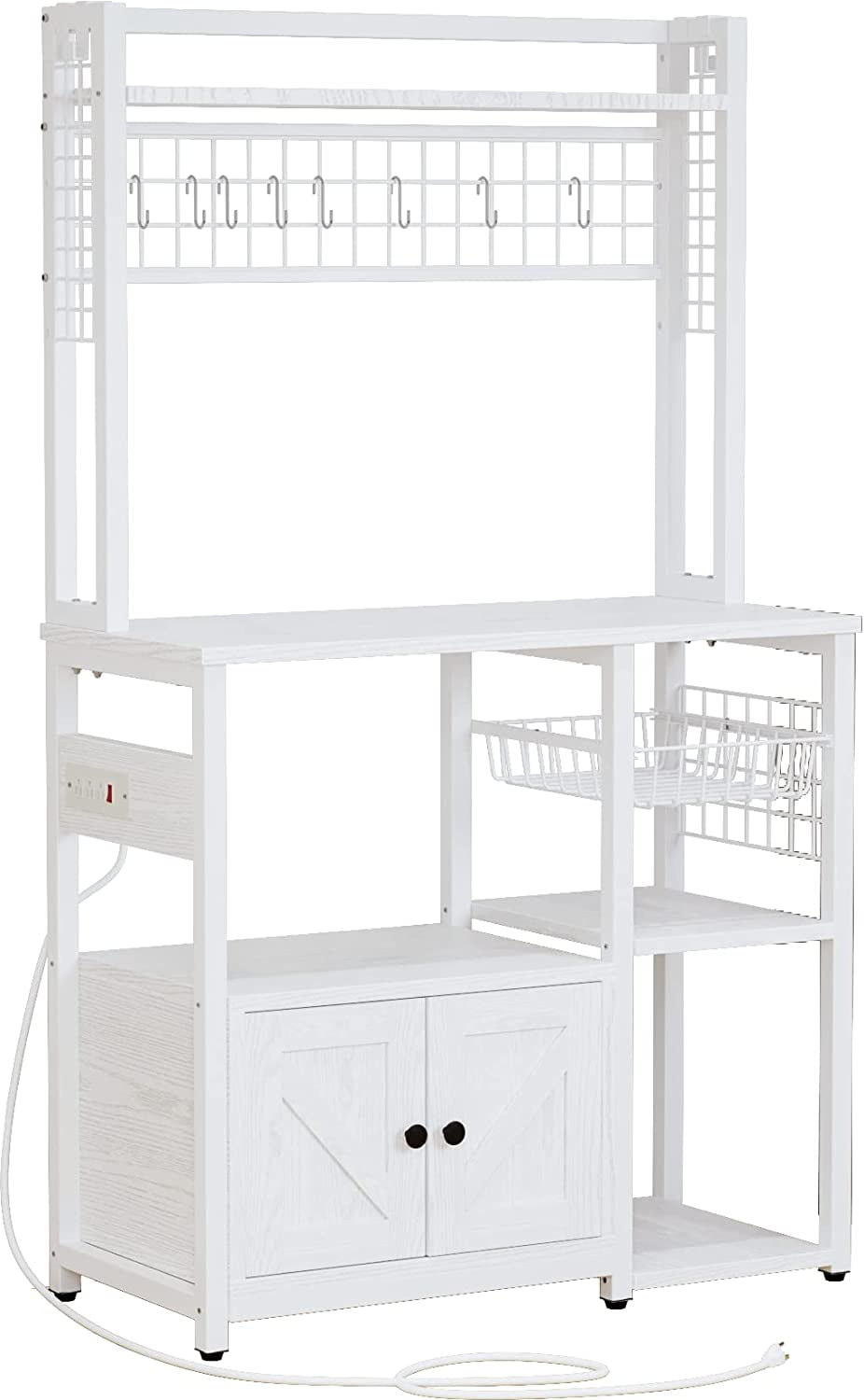 IRONCK Bakers Rack with Power Outlets, Microwave Stand Kitchen Shelf with Cabinet for Kitchen, Industrial White,Wood and Metal