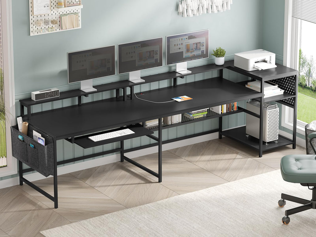 SEDETA L Shaped Gaming Desk, Reversible Computer Desk, Gaming Desk with Power Outlets &amp; LED Strip, Monitor Shelf, Keyboard Tray, Pegboard and Storage Shelves for Home Office, Black