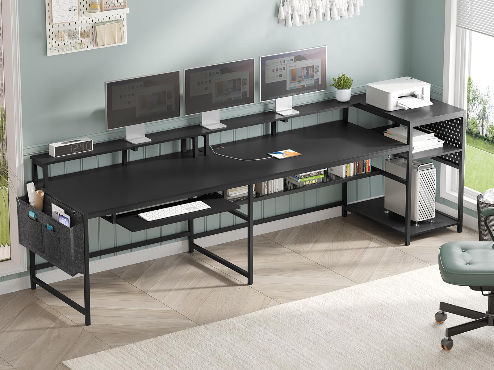 SEDETA L Shaped Gaming Desk, Reversible Computer Desk, Gaming Desk with Power Outlets &amp; LED Strip, Monitor Shelf, Keyboard Tray, Pegboard and Storage Shelves for Home Office, Black