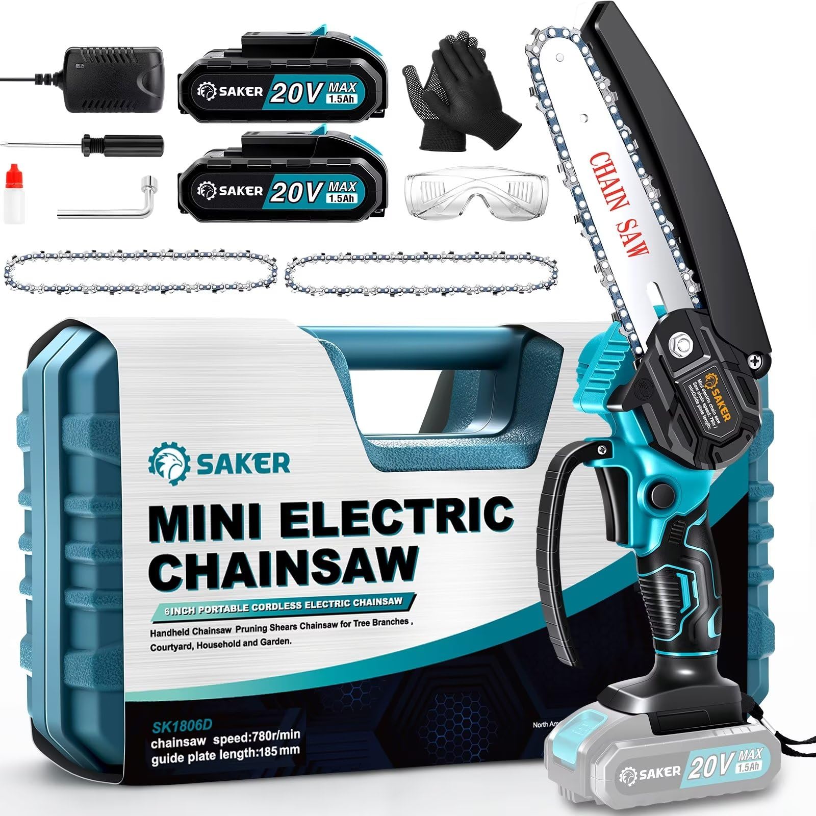 Saker 6-Inch Cordless Electric Chainsaw with Two 20V Batteries
