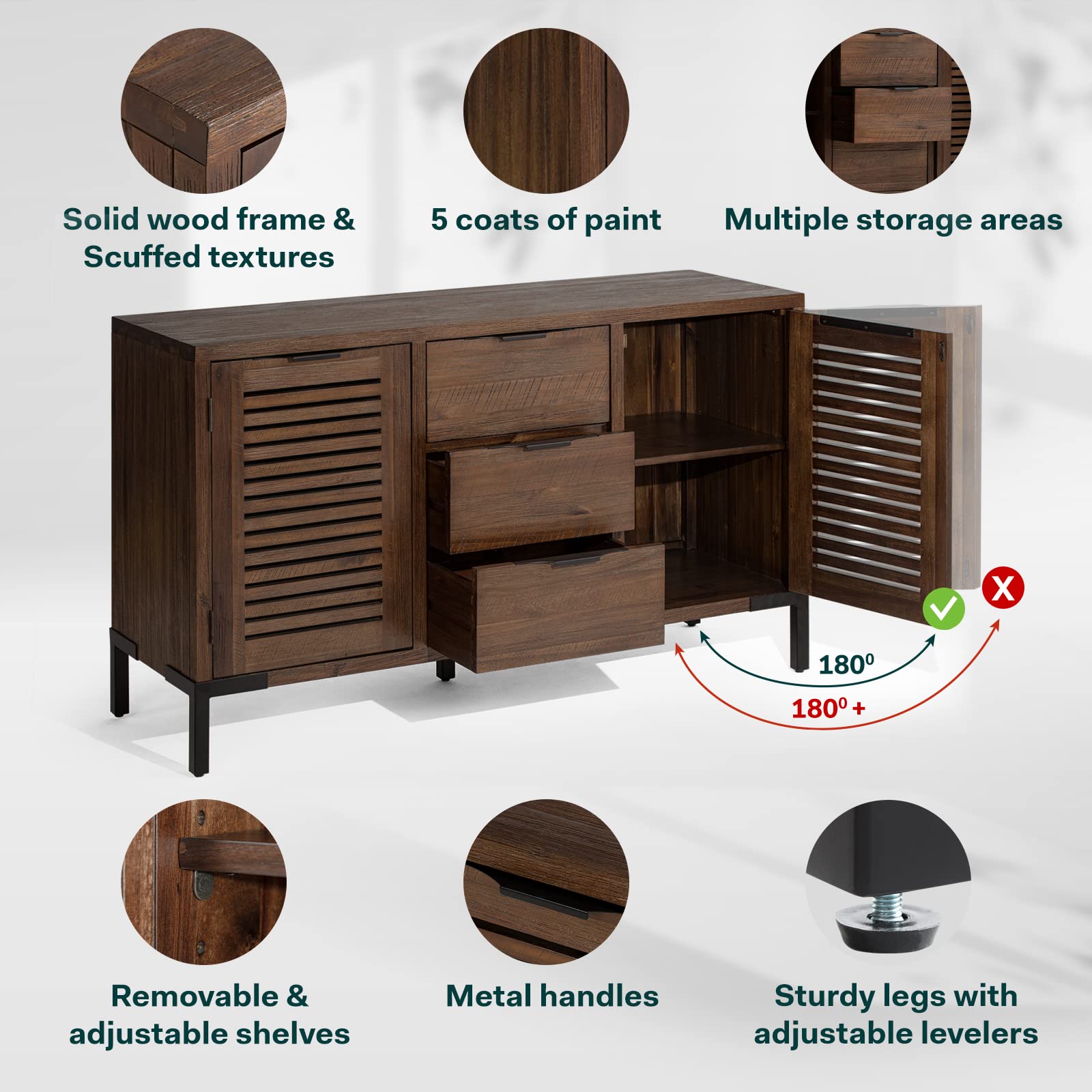 Bme Arcadia Premium Solid Wood Buffet Sideboard Cabinet