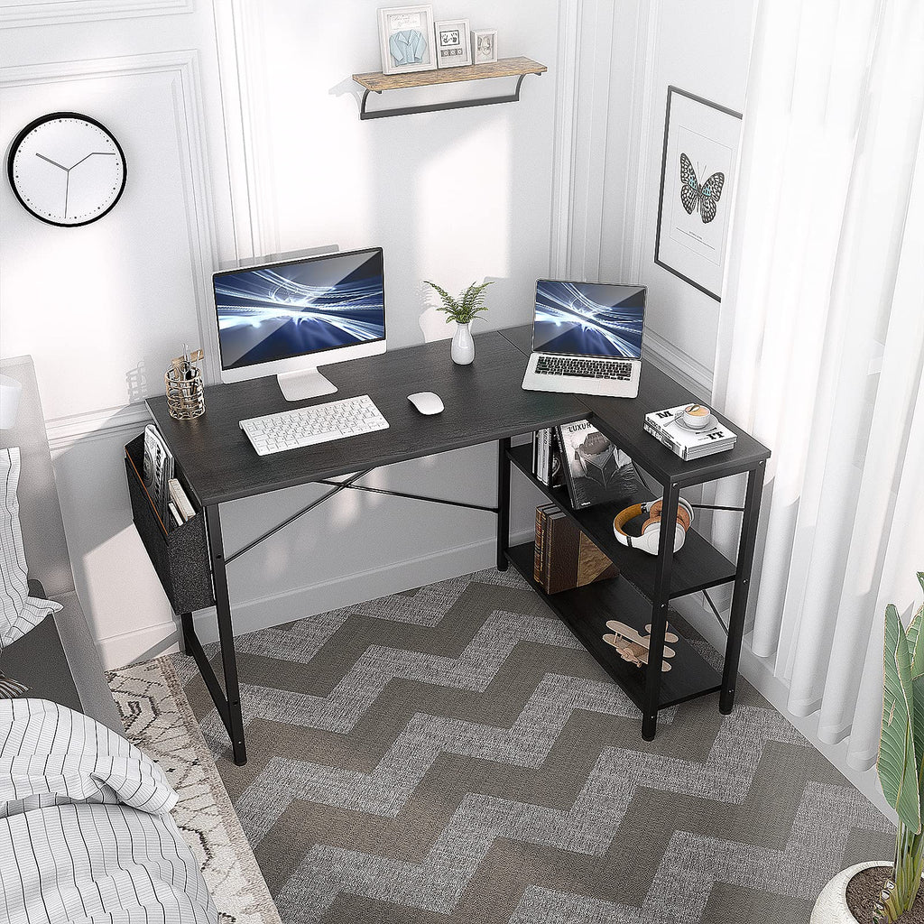 Small L Shaped Computer Desk, Homieasy 47 Inch L-Shaped Corner Desk with Reversible Storage Shelves for Home Office Workstation, Modern Simple Style Writing Desk Table with Storage Bag(Black)