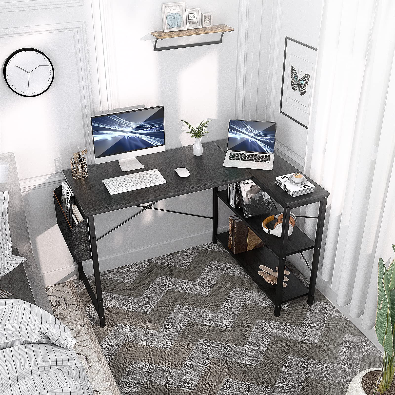 Small L Shaped Computer Desk, Homieasy 47 Inch L-Shaped Corner Desk with Reversible Storage Shelves for Home Office Workstation, Modern Simple Style Writing Desk Table with Storage Bag(Black)