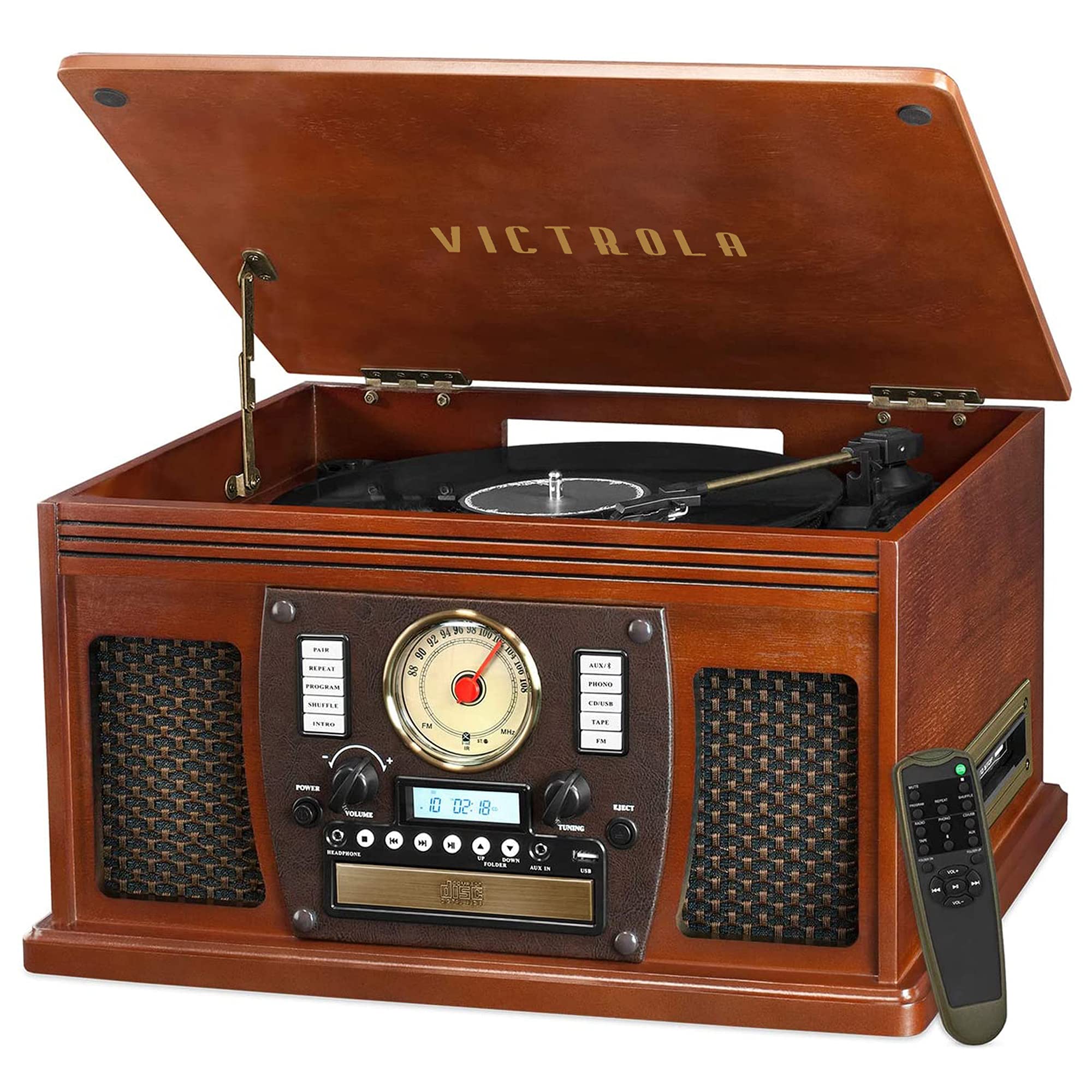 Victrola 8-in-1 Bluetooth Record Player &amp; Multimedia Center, Built-in Stereo Speakers - Turntable, Wireless Music Streaming, Real Wood | Mahogany