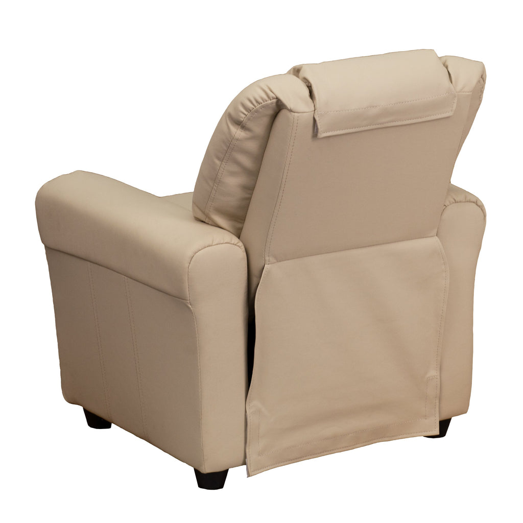 EMMA   OLIVER Beige Vinyl Kids Recliner with Cup Holder and Headrest