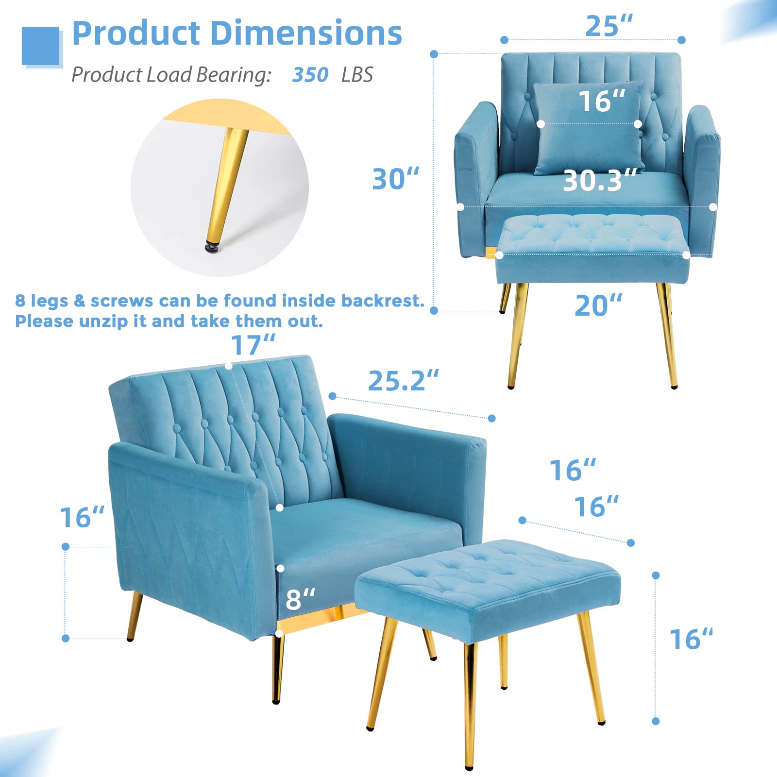 ACMEASE Velvet Accent Chair with Adjustable Backrest and Ottoman