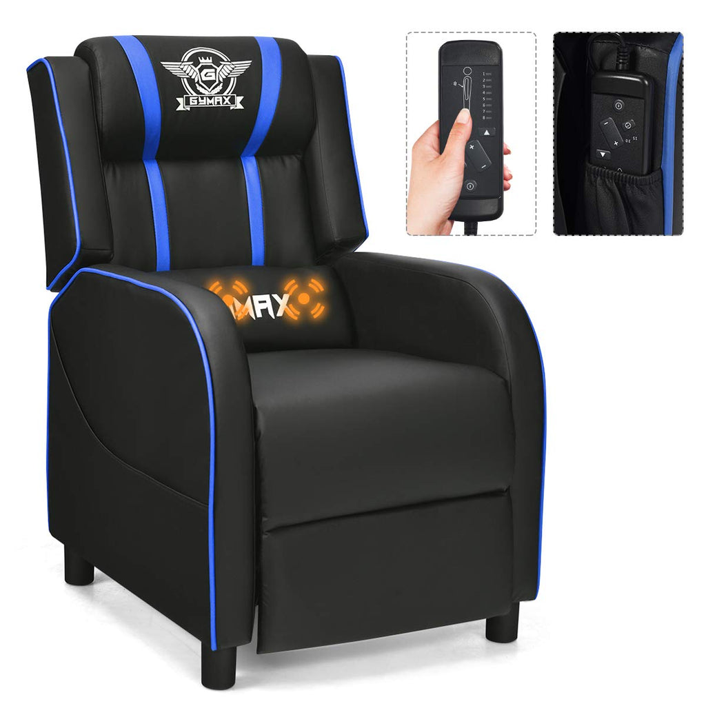 GYMAX Gaming Recliner, Massage Gaming Chair w/Adjustable Footrest, Remote Control &amp; Side Pocket, Ergonomic Game Lounge Chair, Racing Style Single Theater Seat Game Sofa for Adults (Blue)
