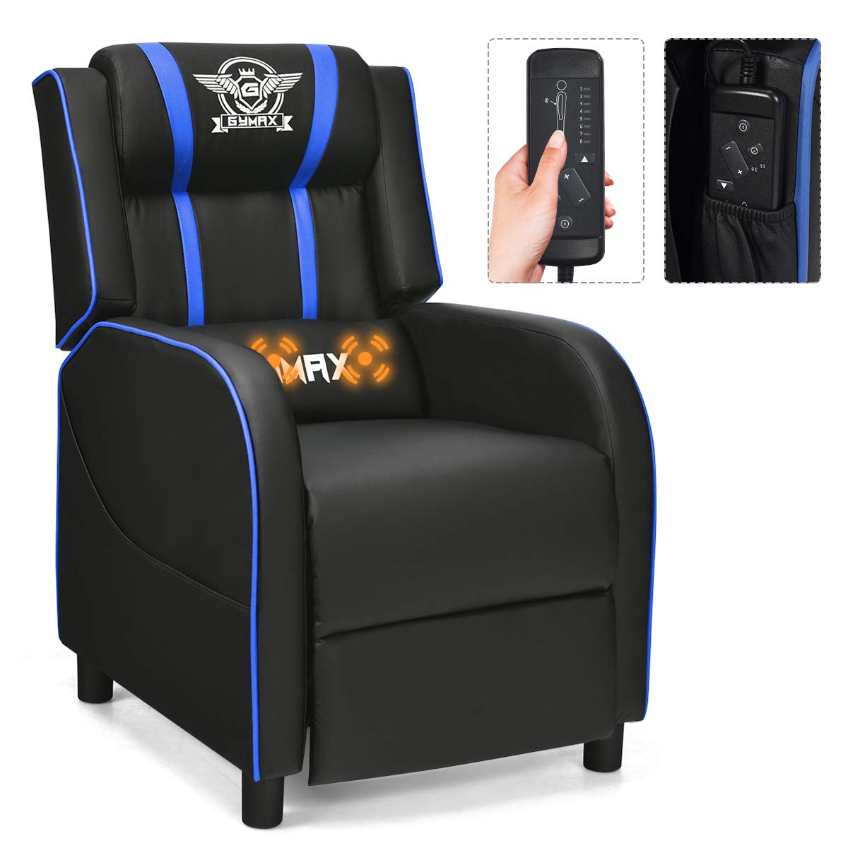 GYMAX Gaming Recliner, Massage Gaming Chair w/Adjustable Footrest, Remote Control &amp; Side Pocket, Ergonomic Game Lounge Chair, Racing Style Single Theater Seat Game Sofa for Adults (Blue)