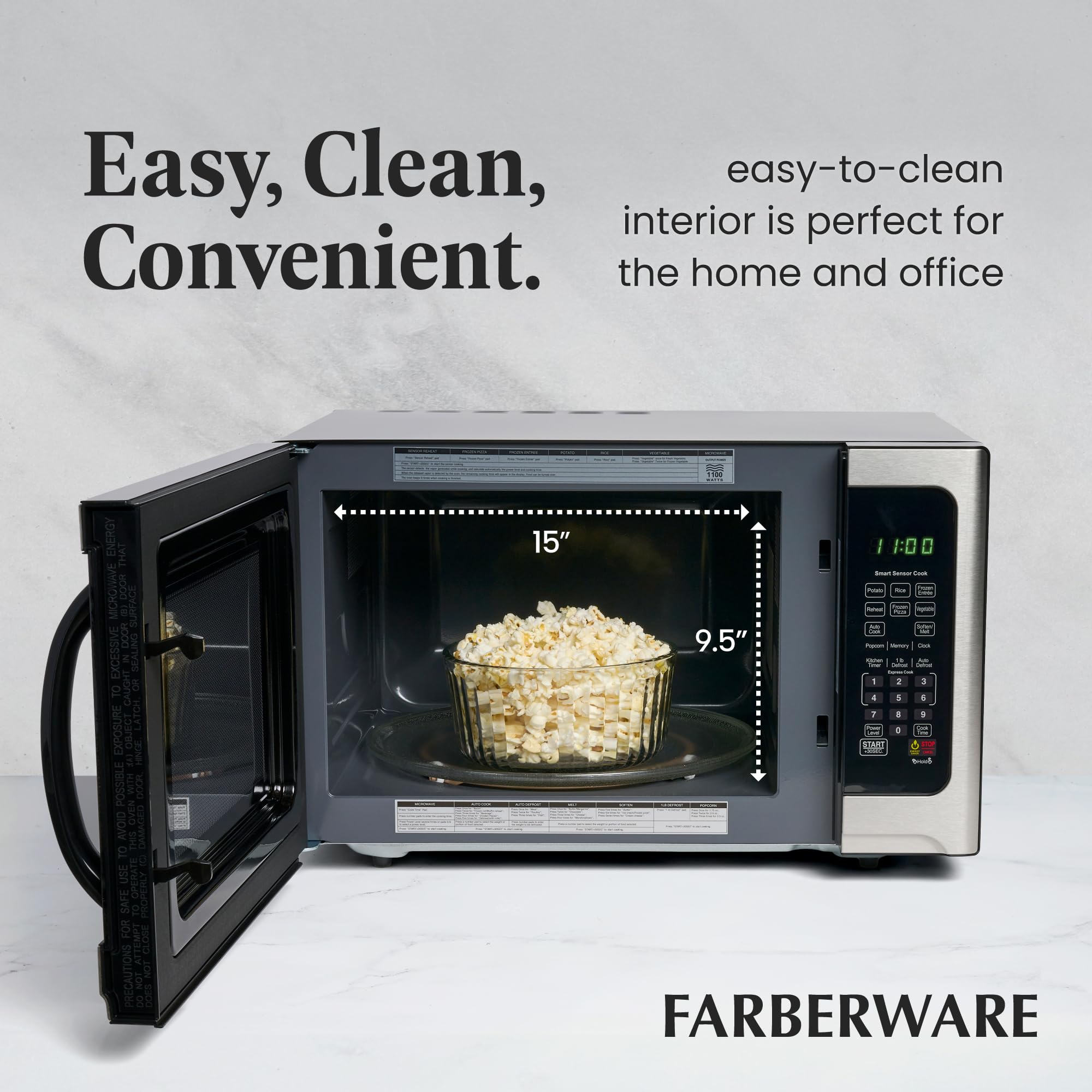 Farberware Countertop Microwave 1100 Watts, 1.2 cu ft - Smart Sensor Microwave Oven With LED Lighting and Child Lock - Perfect for Apartments and Dorms - Easy Clean Black Interior, Stainless Steel