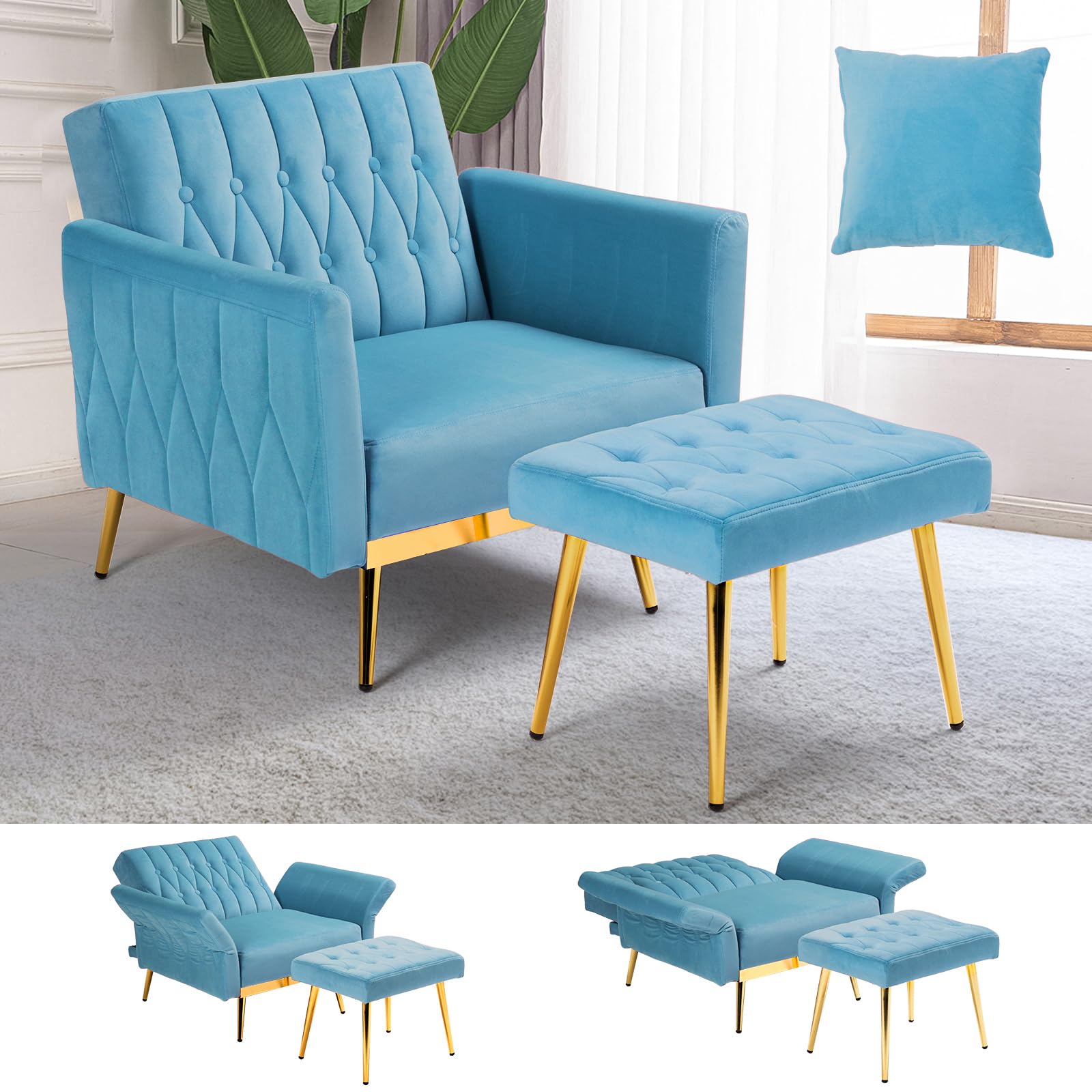 ACMEASE Velvet Accent Chair with Adjustable Backrest and Ottoman