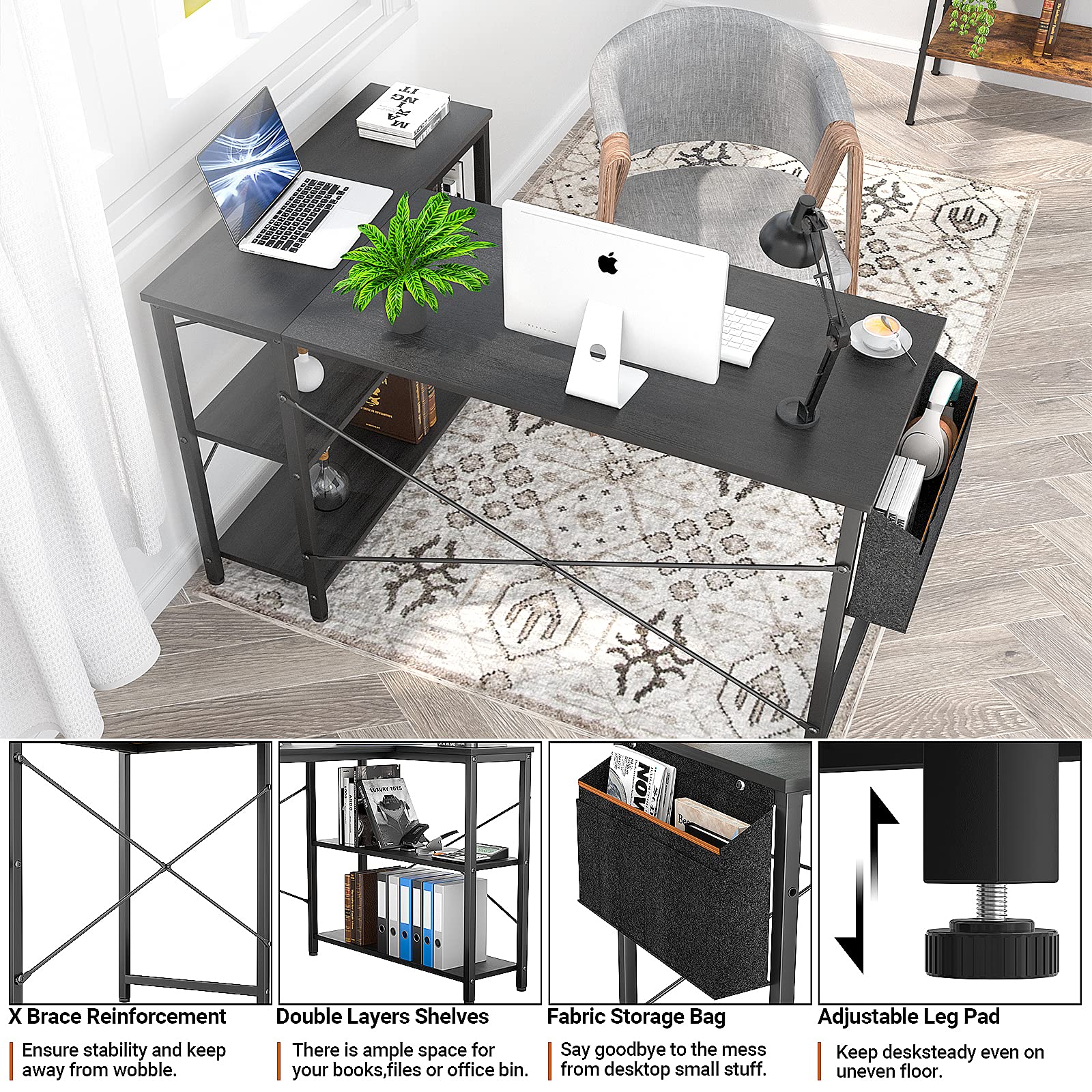 Small L Shaped Computer Desk, Homieasy 47 Inch L-Shaped Corner Desk with Reversible Storage Shelves for Home Office Workstation, Modern Simple Style Writing Desk Table with Storage Bag(Black)