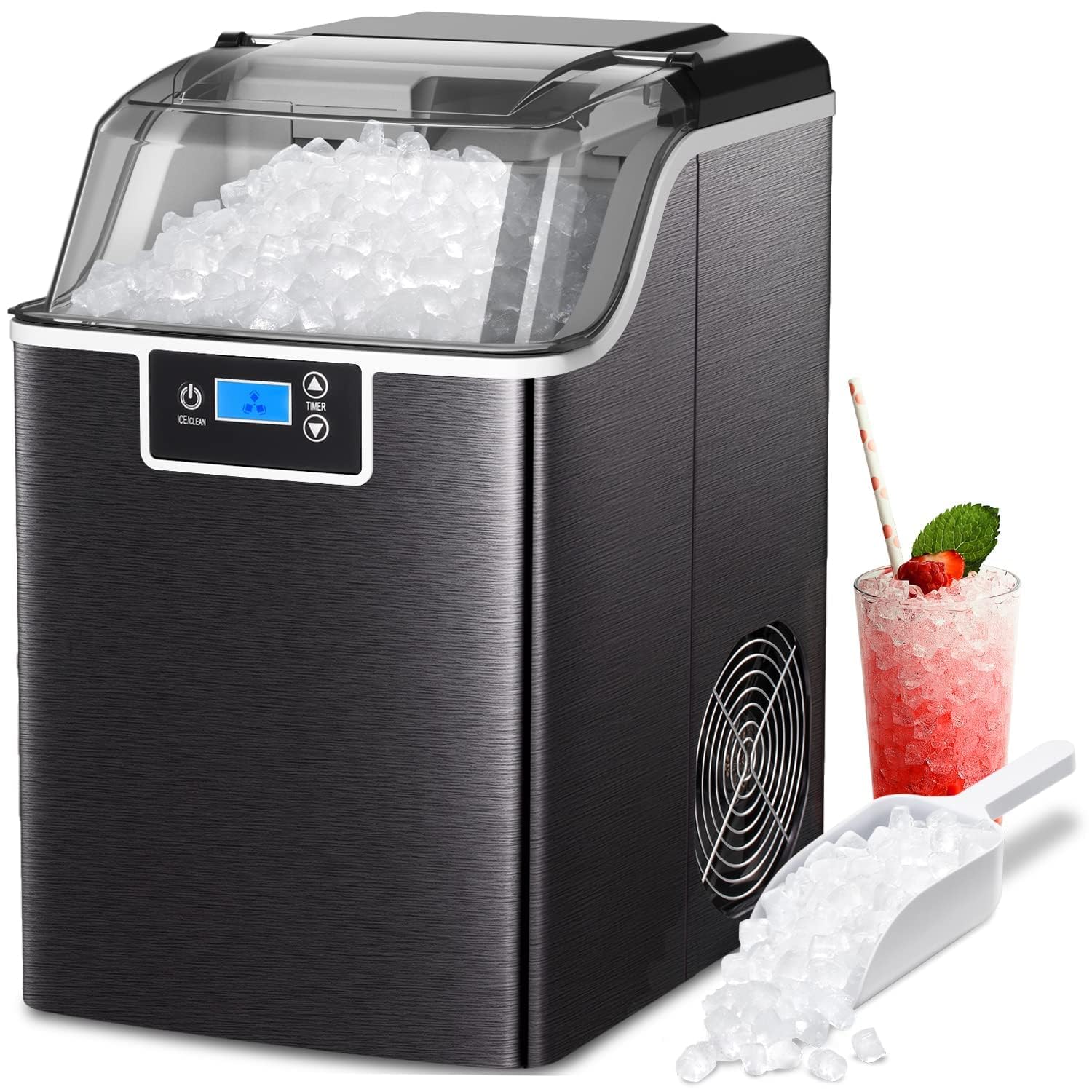 ZAFRO Nugget Ice Makers Countertop with Soft &amp; Chewable Pellet Ice Portable Self-Cleaning Compact Ice Machine 44Lbs/24H with Ice Scoop and Basket