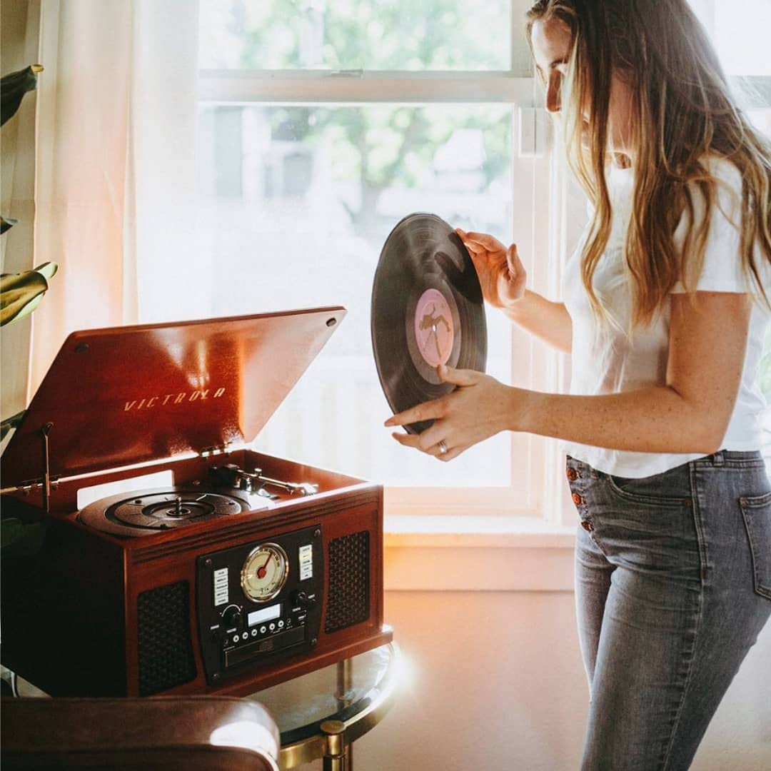 Victrola 8-in-1 Bluetooth Record Player &amp; Multimedia Center, Built-in Stereo Speakers - Turntable, Wireless Music Streaming, Real Wood | Mahogany