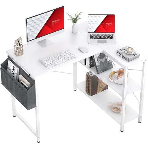 Small L Shaped Computer Desk, Homieasy 47 Inch L-Shaped Corner Desk with Reversible Storage Shelves for Home Office Workstation, Modern Simple Style Writing Desk Table with Storage Bag(Black)