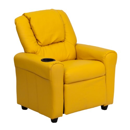 EMMA   OLIVER Beige Vinyl Kids Recliner with Cup Holder and Headrest