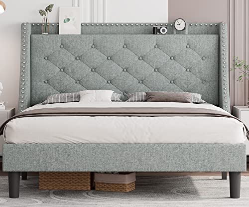 iPormis Full Bed Frame with 16" Deluxe Wingback &amp; USB &amp; Type-C Ports, Upholstered Platform Beds with Button Tufted Storage Headboard, Solid Wood Slats Support, No Box Spring Needed, Beige
