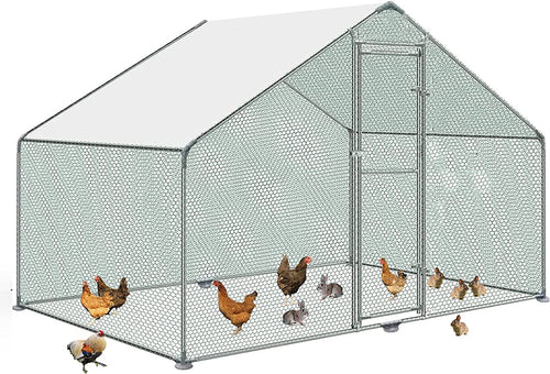 10' x 10' Walk-in Metal Chicken Coop, Heavy Duty Poultry Cage with Waterproof Anti-UV Cover