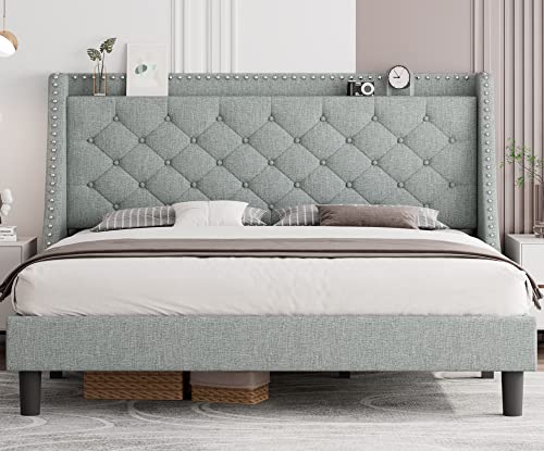 iPormis Full Bed Frame with 16" Deluxe Wingback &amp; USB &amp; Type-C Ports, Upholstered Platform Beds with Button Tufted Storage Headboard, Solid Wood Slats Support, No Box Spring Needed, Beige