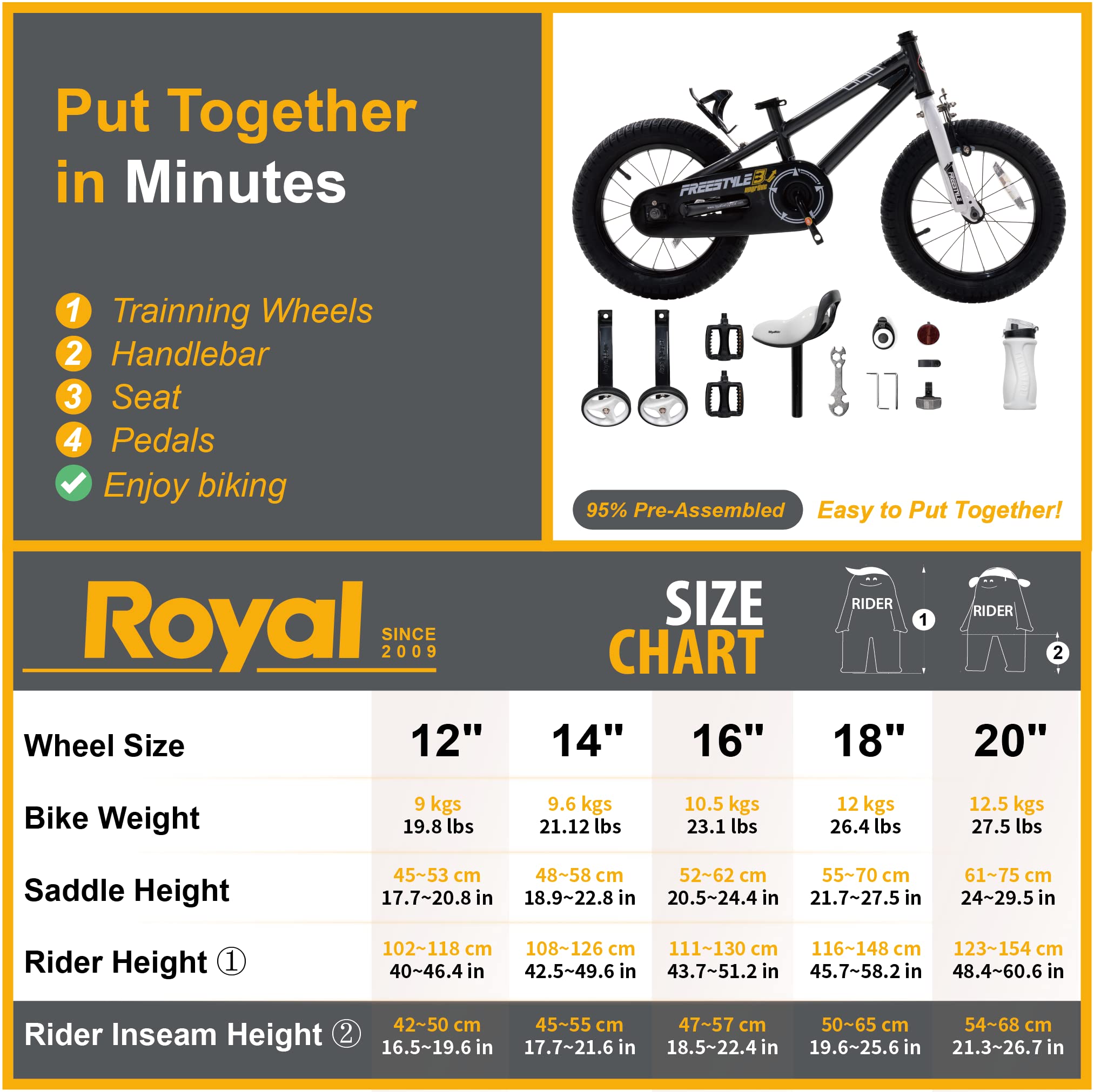 Royalbaby Freestyle Kids Bike 12 14 16 18 Inch Bicycle for Boys Girls Ages 3-9 Years, Multiple Colors