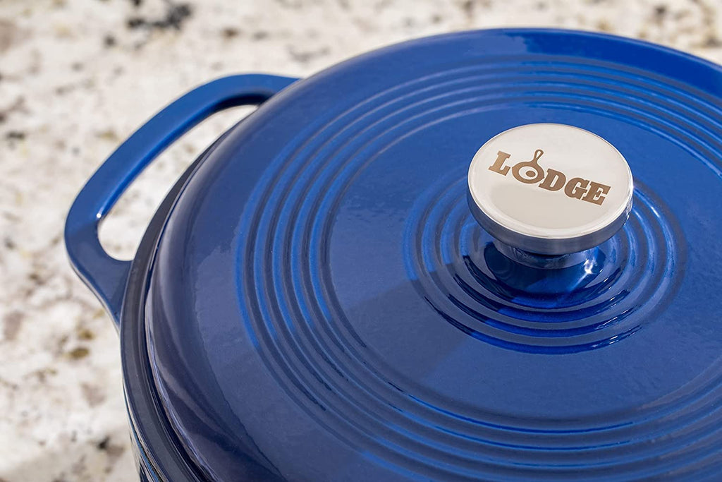 Lodge 7.5 Quart Enameled Cast Iron Dutch Oven with Lid u2013 Dual Handles u2013 Oven Safe up to 500u00b0 F or on Stovetop - Use to Marinate, Cook, Bake, Refrigerate and Serve u2013 Indigo