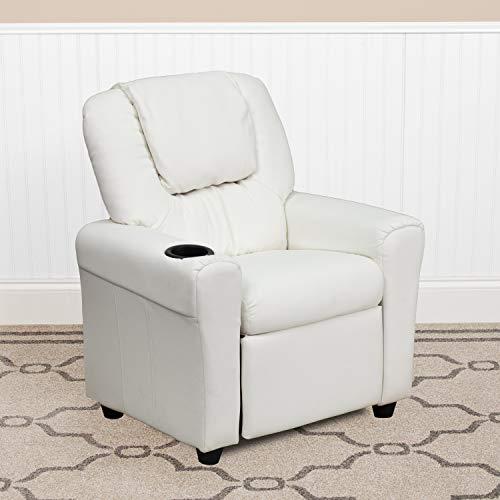 EMMA   OLIVER Beige Vinyl Kids Recliner with Cup Holder and Headrest