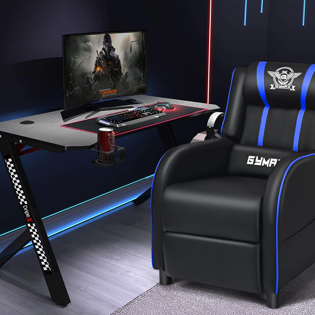 GYMAX Gaming Recliner, Massage Gaming Chair w/Adjustable Footrest, Remote Control &amp; Side Pocket, Ergonomic Game Lounge Chair, Racing Style Single Theater Seat Game Sofa for Adults (Blue)